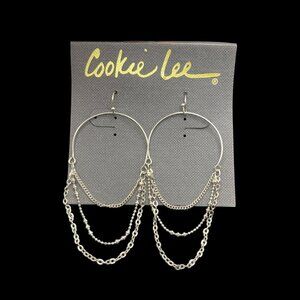 Vintage Cookie Lee Earrings 3-Strand Chain‎ Hoop Dangle Silver Tone NEW